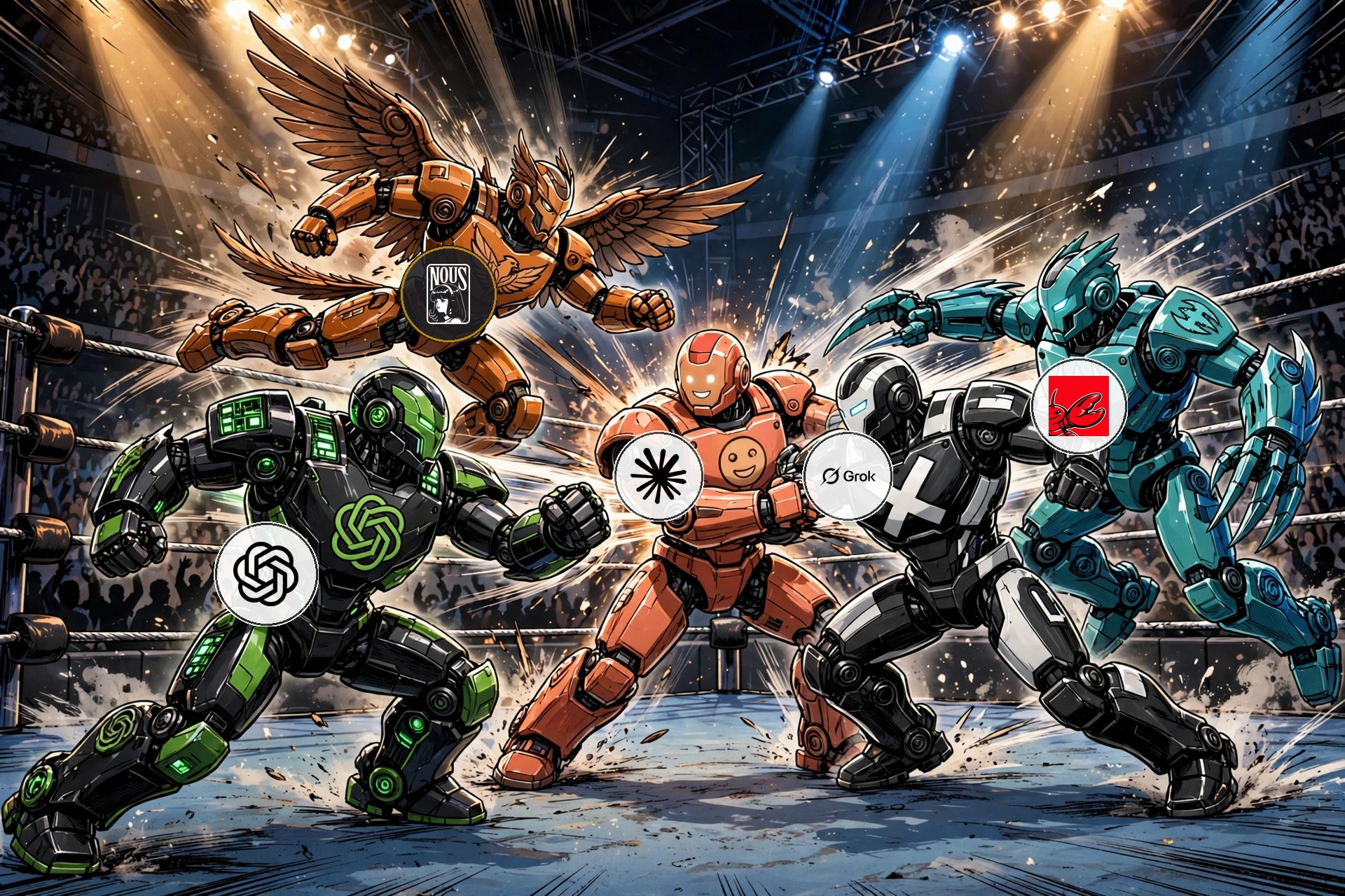 Royal Rumble wrestling illustration with five AI robot wrestlers in a ring, each wearing their official logo on their chest: OpenAI, Hermes (Nous Girl), Claude, Grok, and OpenClaw.