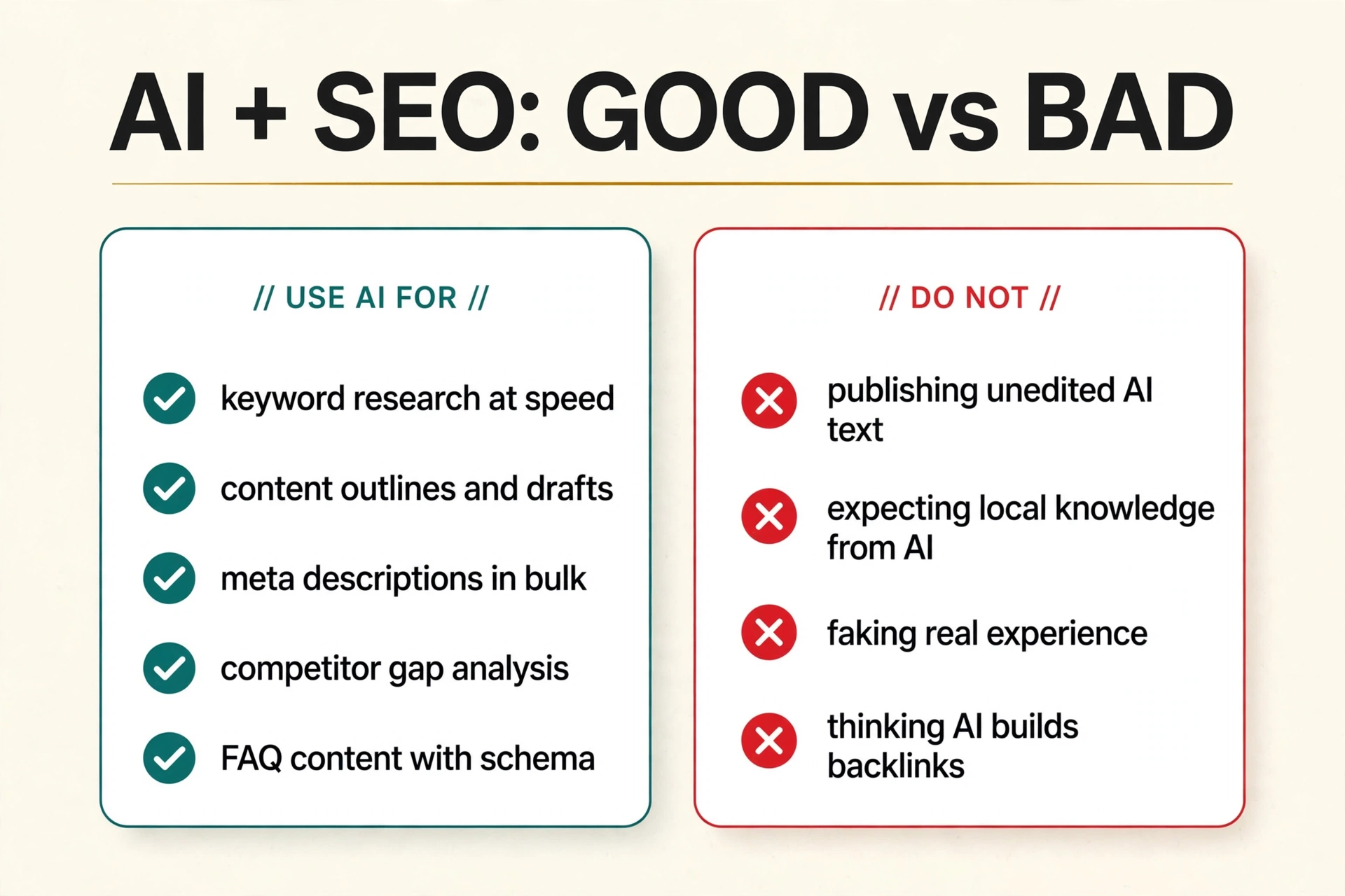Infographic comparing good vs bad uses of AI for SEO: use AI for keyword research, outlines, meta descriptions, competitor analysis, and FAQs. Do not use AI for unedited publishing, local knowledge, faking expertise, or building backlinks.