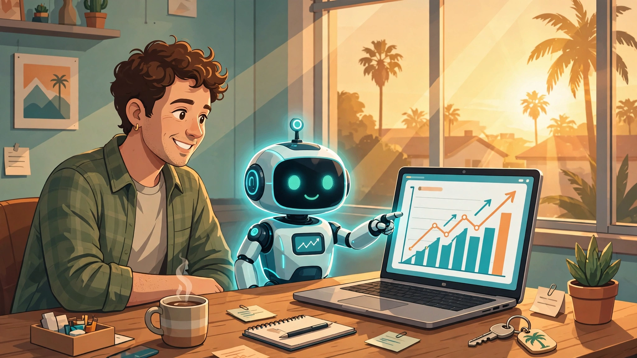 Illustration of a California business owner working with an AI robot assistant, looking at rising SEO rankings on a laptop screen with palm trees outside the window.